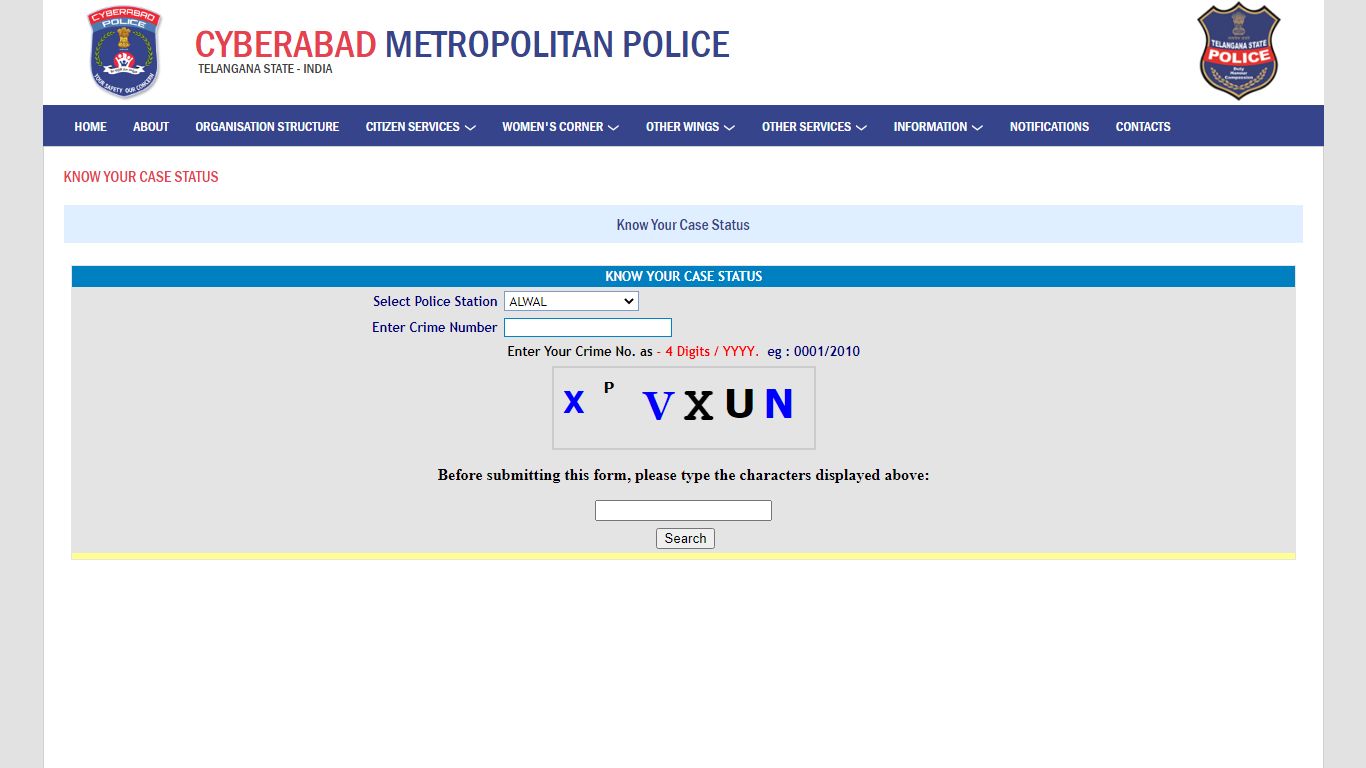 Know Your Case Status - Cyberabad Police